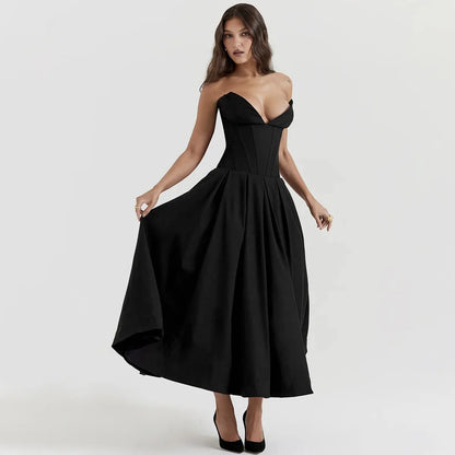 Black Elegant Strapless Midi Dress for Events