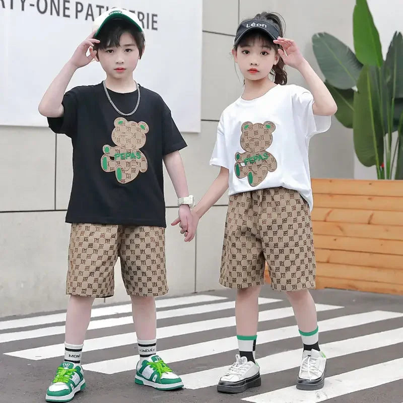 Boys Summer Cartoon Bear T-Shirt & Plaid Shorts Set