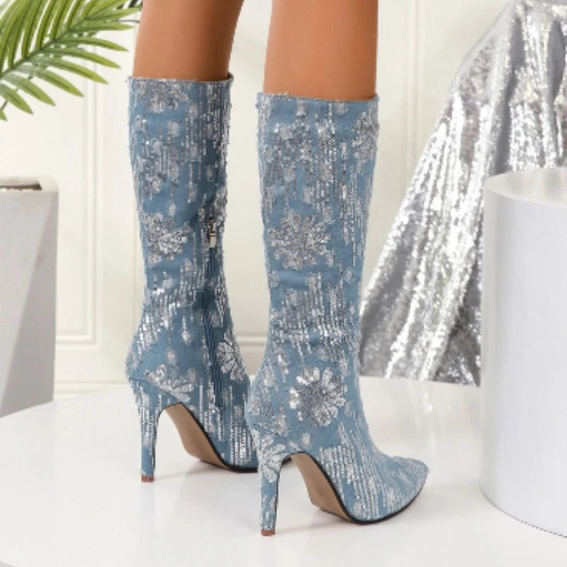 Chic Women's Knee-High Denim High Heel Riding Boots.