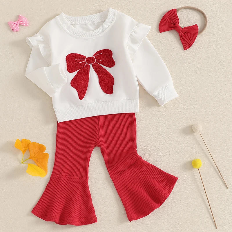 Ruffle Long Sleeve Baby Girls Clothing Set 3PCS Spring Toddler Outfits Bow Embroidery Sweatshirt Flare Pants Headband Kids Suits.