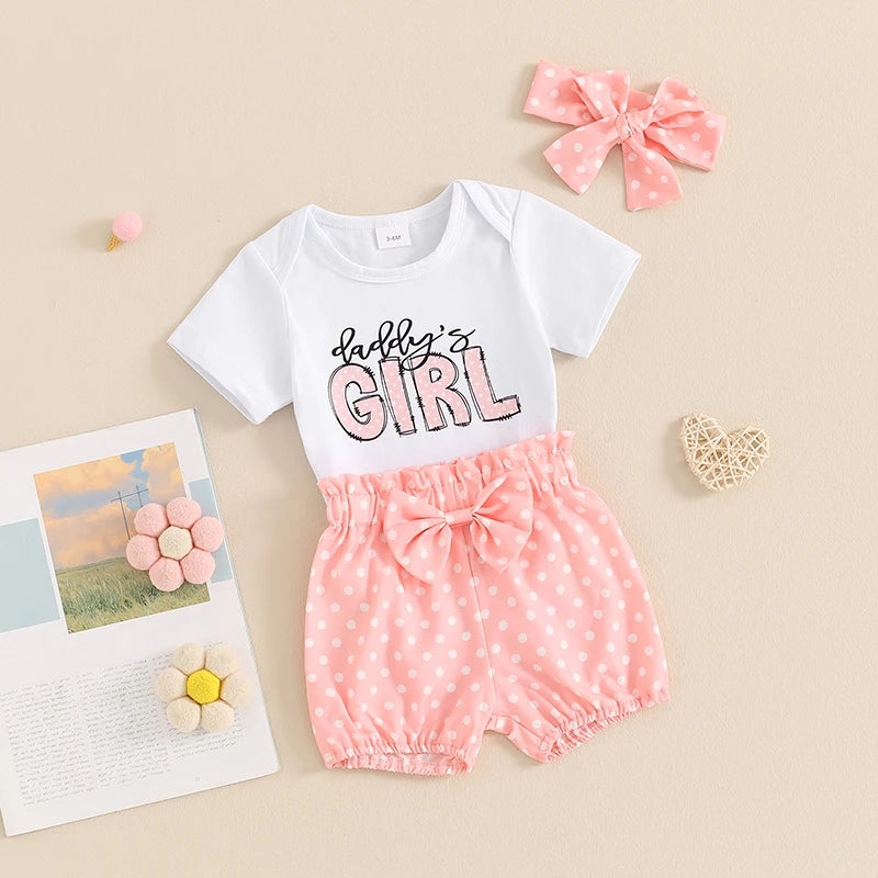 Little Baby Girls Summer Outfits 3PCS Cute Lovely Kids Clothes Letter Print Short Sleeve Romper Dot Print Shorts Headband Suits.