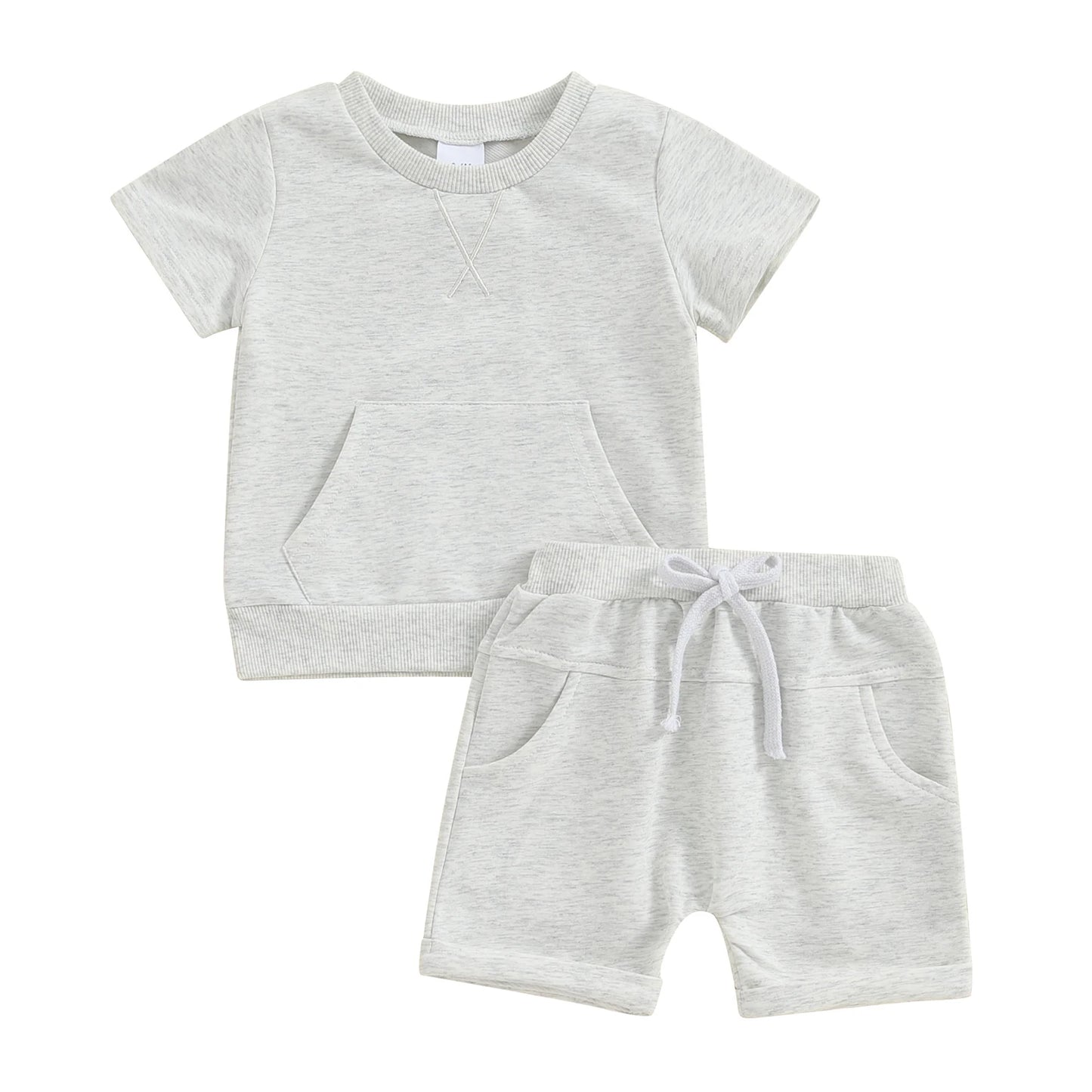 Summer Casual Kids Outfits Baby Boys Clothing Set Solid Color Short Sleeve Pocket T-shirt with Shorts 2PCS Toddler Infant Suit.