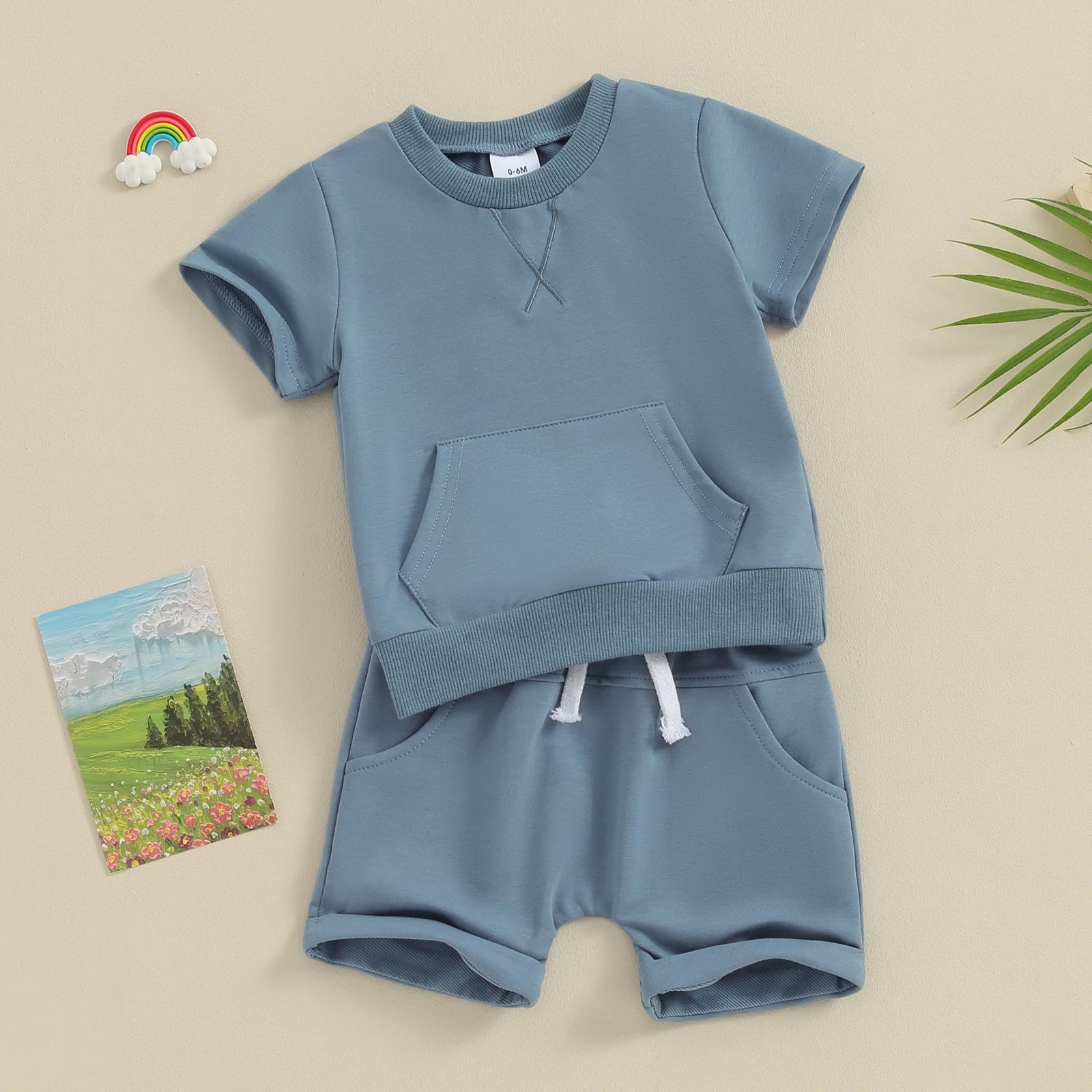 Summer Casual Kids Outfits Baby Boys Clothing Set Solid Color Short Sleeve Pocket T-shirt with Shorts 2PCS Toddler Infant Suit.