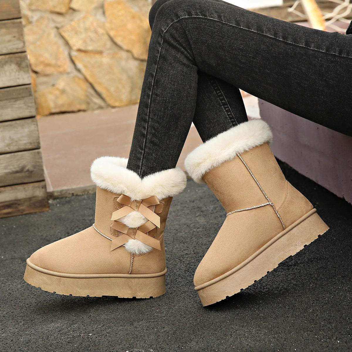 Chic Winter Mid-Calf Bow Knot Boots for Women.