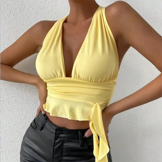 Trendy Deep V-Neck Pleated Bodysuit for Women.