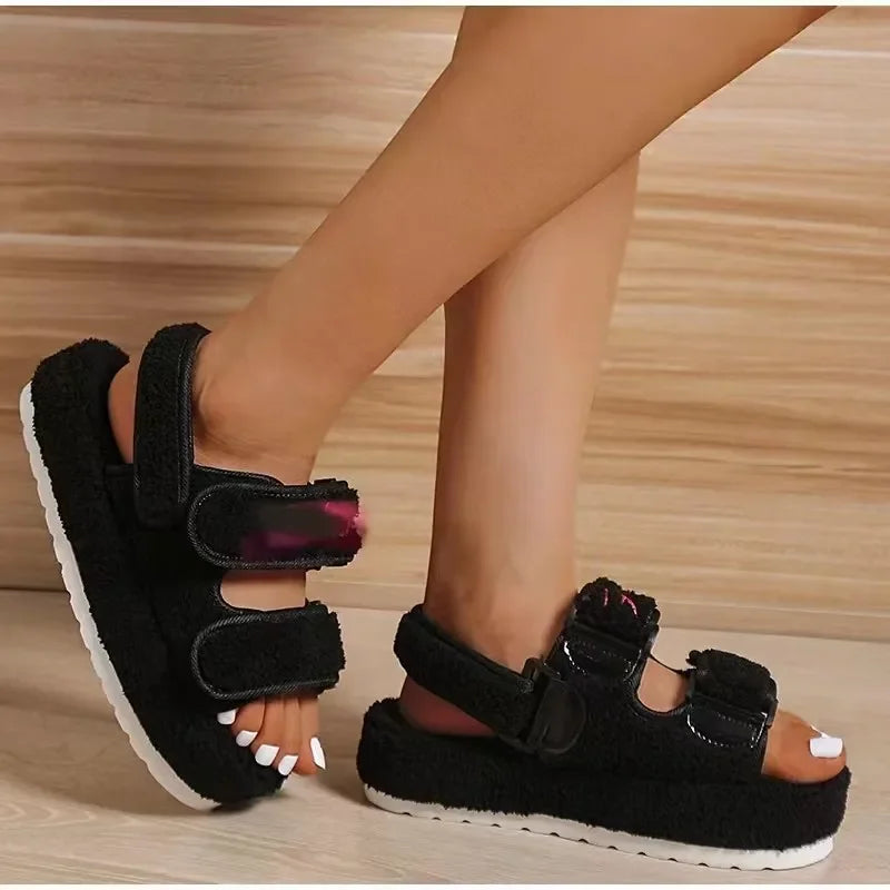 Women’s Plush Platform Sandals - Retro Casual Footwear