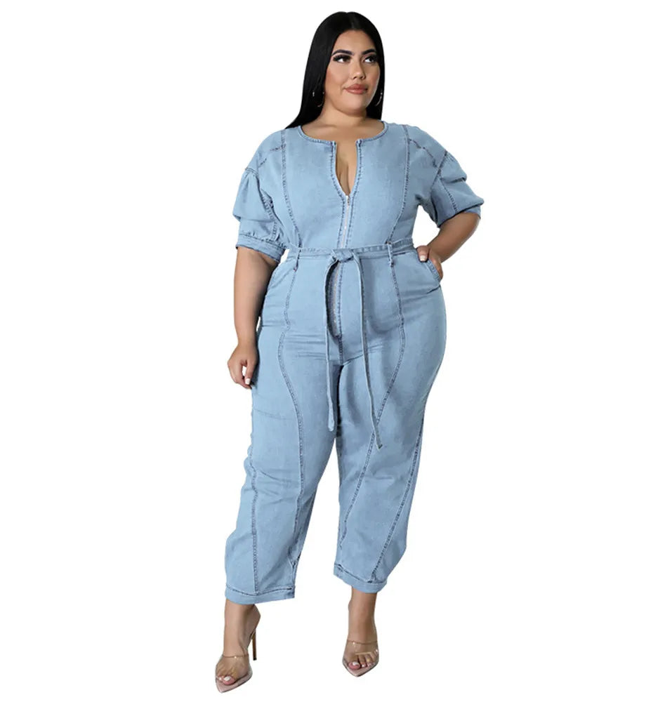 Plus Size Denim Jumpsuit with Zipper & Pockets.