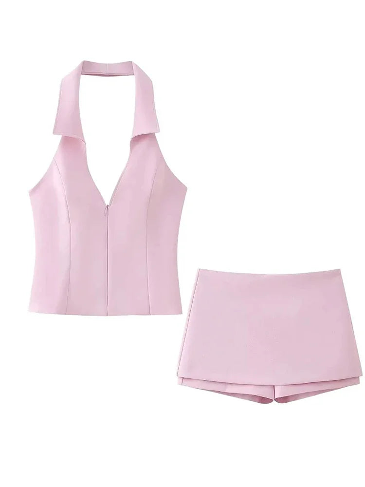 Chic Women's Pink Shorts Set - V Neck Sleeveless Outfit.