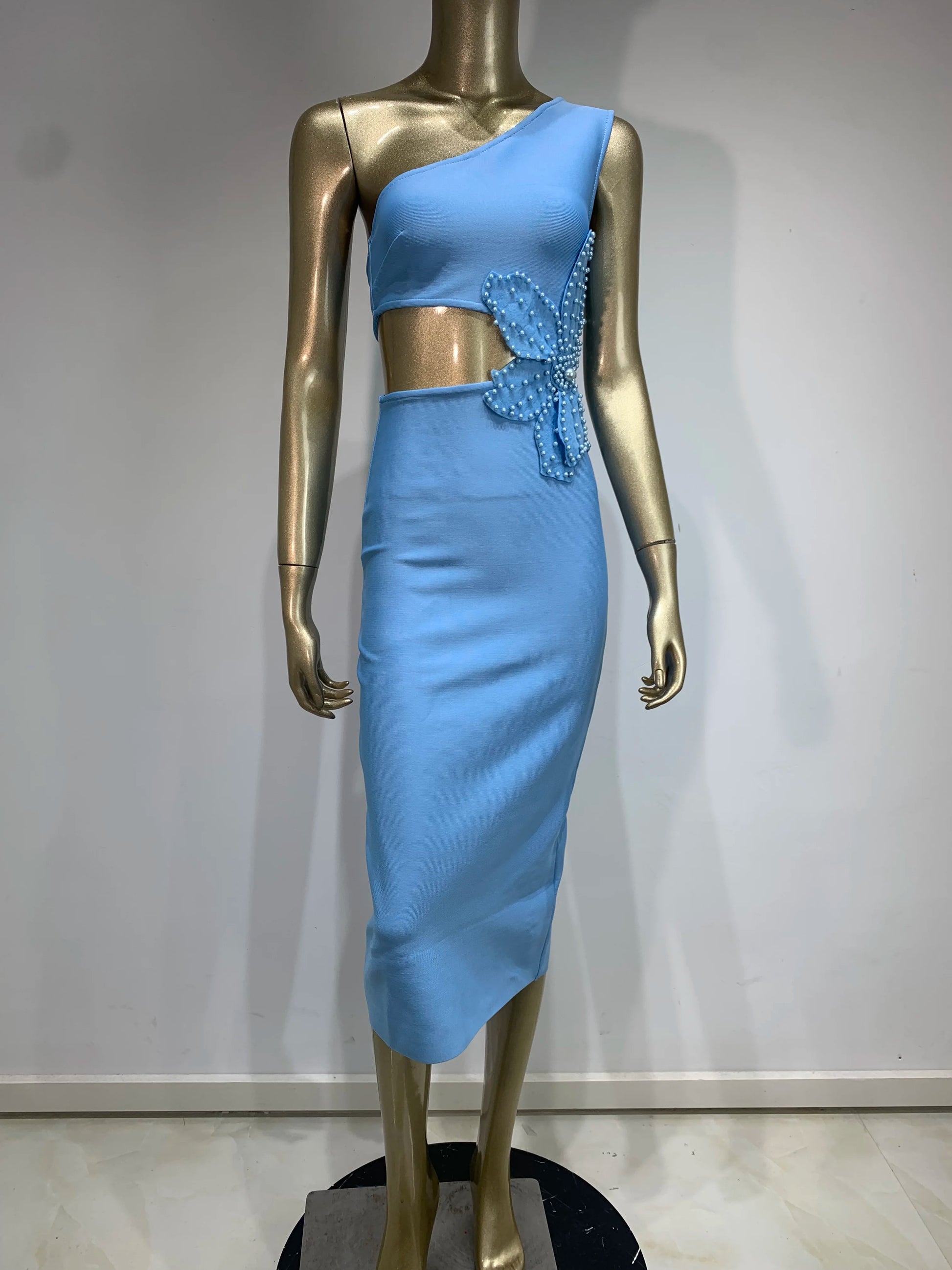 One Shoulder Sky Blue Midi Bandage Dress.