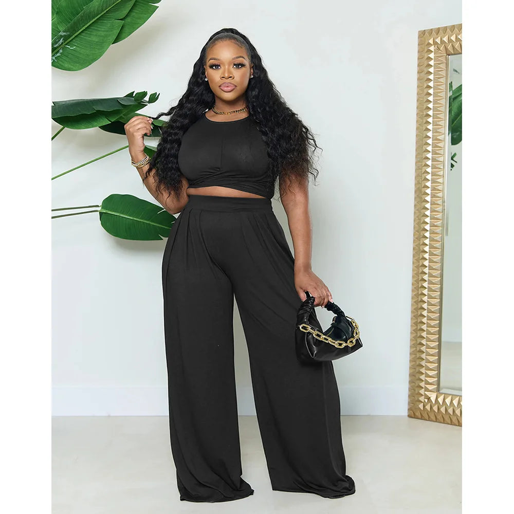 Chic Plus Size Summer Two Piece Set - Short Sleeve & Wide Leg.