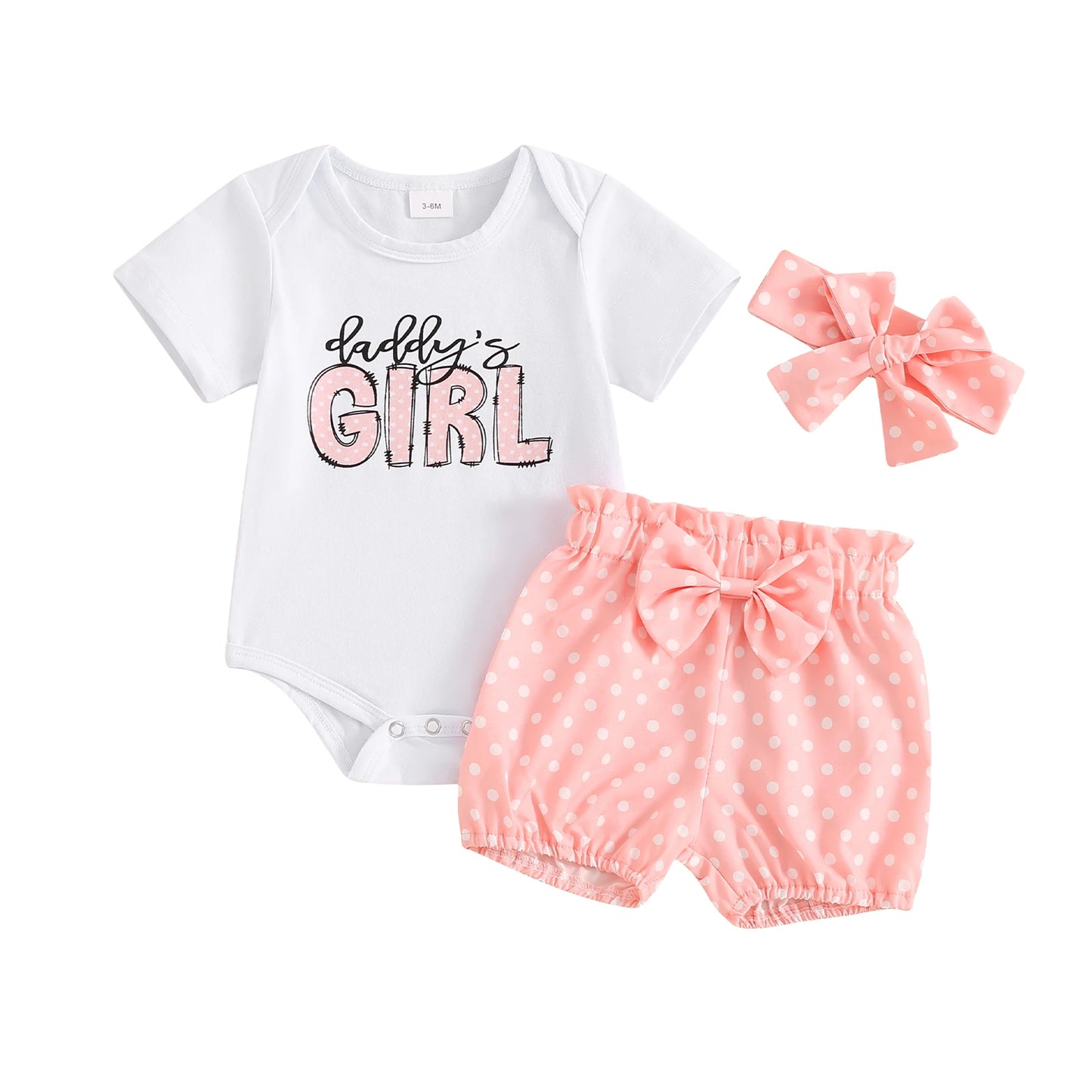 Little Baby Girls Summer Outfits 3PCS Cute Lovely Kids Clothes Letter Print Short Sleeve Romper Dot Print Shorts Headband Suits.