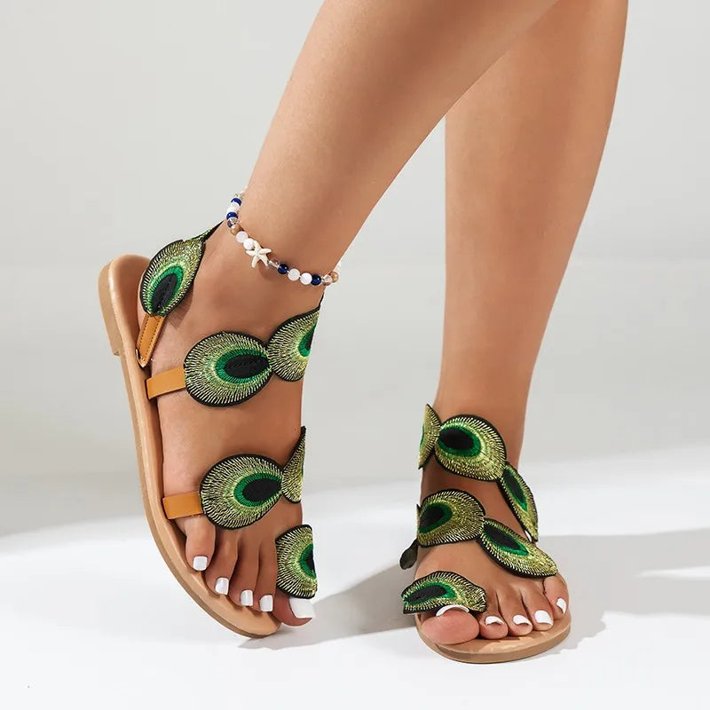 Women’s Peacock Roman Sandals - Boho Flat Beach Sandals