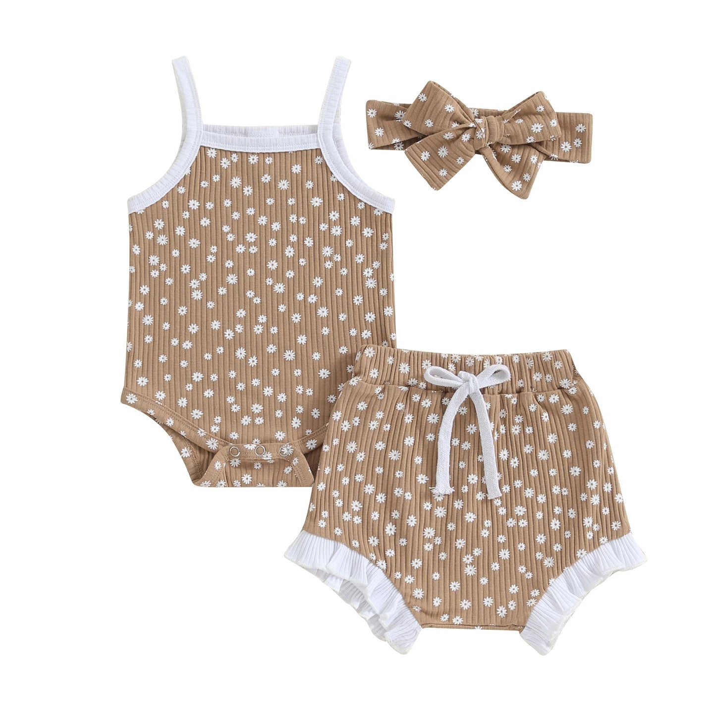 Summer 0-18 Months Newborn Baby Girls Clothes Set Kids Outfits Floral Print Rib Sleeveless Rompers Shorts Headband 3Pcs Costume.