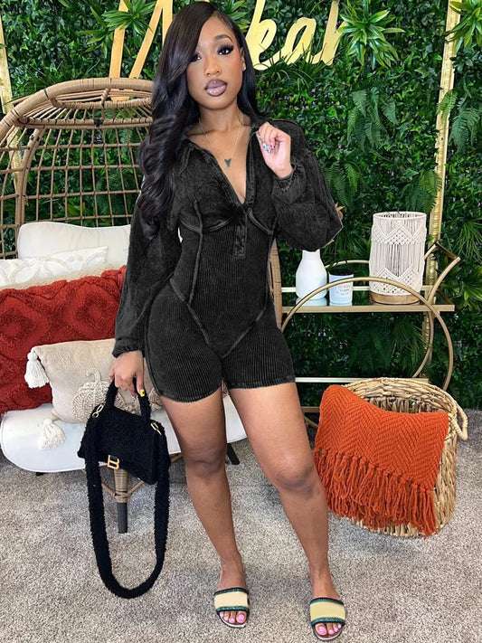 Trendy V Neck Long Sleeve Cinch Waist Romper.