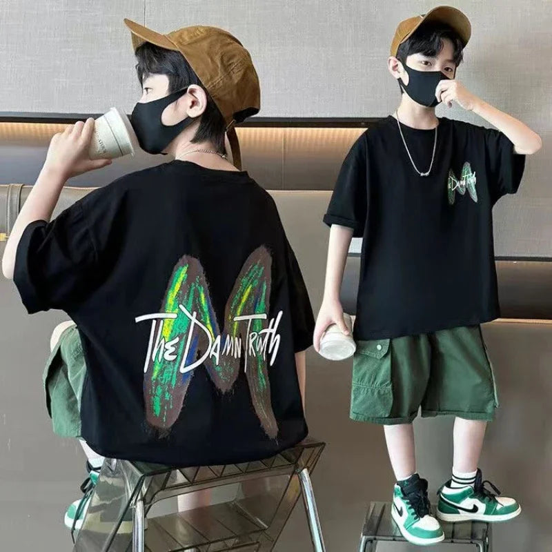 Summer Boys' Casual 2-Piece Outfit with Letter Print