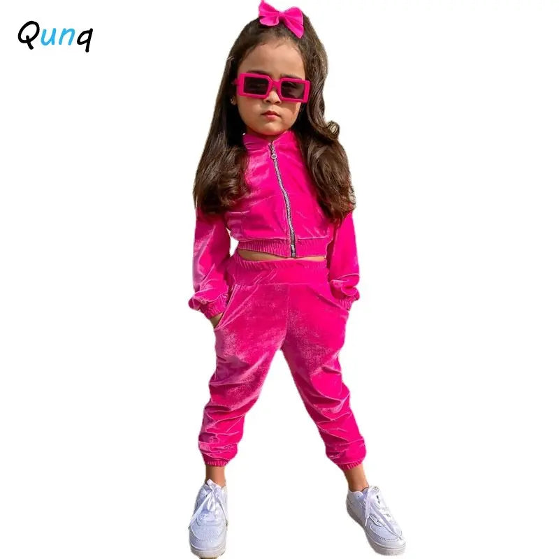 Kids Golden Velvet Zipper Hooded Crop Coat & Pants Set