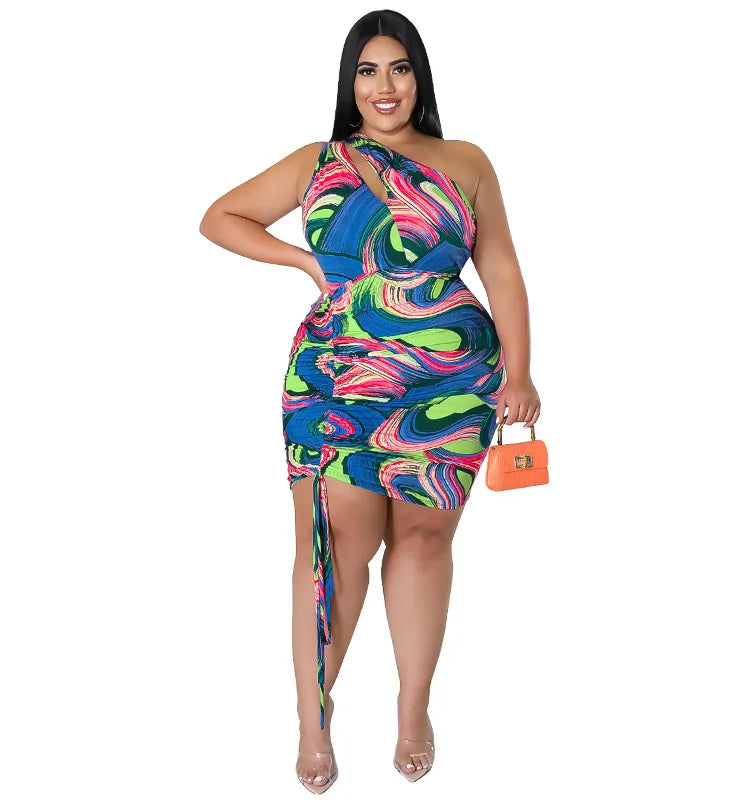 Sexy Plus Size Women Dresses Single Shoulder Hollow Out Mini Dress Drawstring Pleated Fashion Printed.