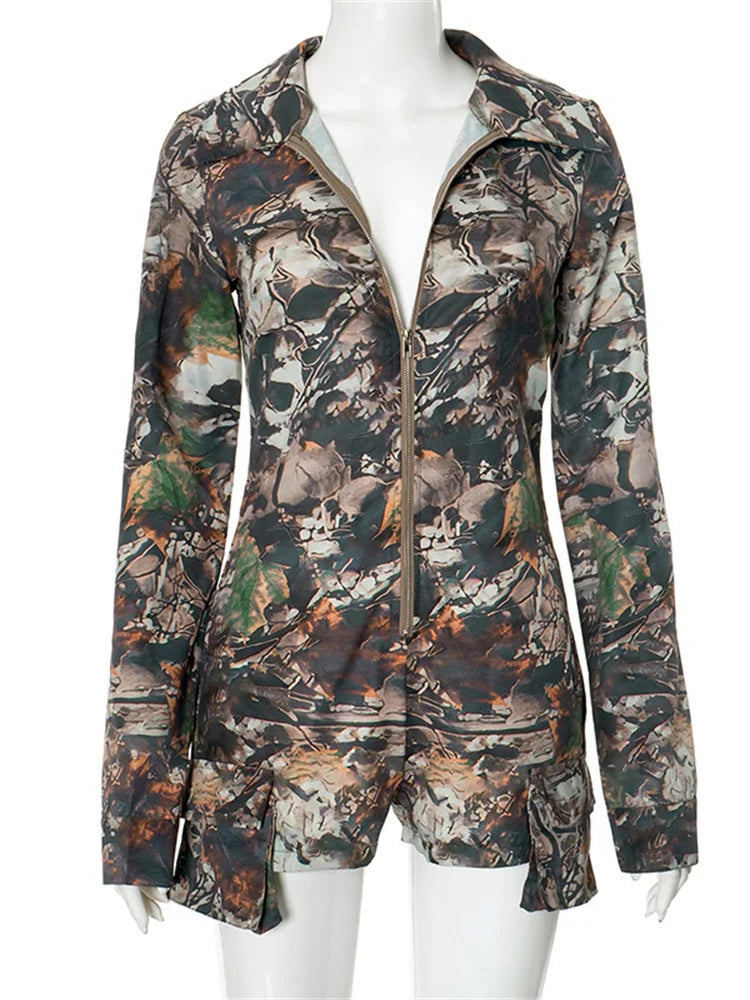 Trendy Camouflage Print Long Sleeve Playsuit.