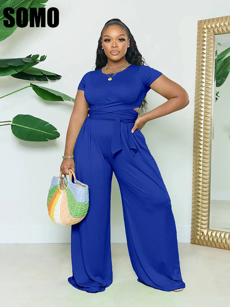 Chic Plus Size Summer Two Piece Set - Short Sleeve & Wide Leg.