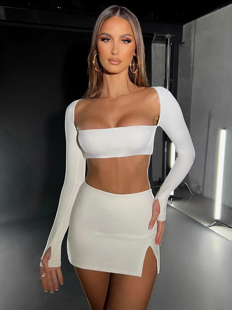 Chic White Square Collar Crop Top & Mini Skirt Set.