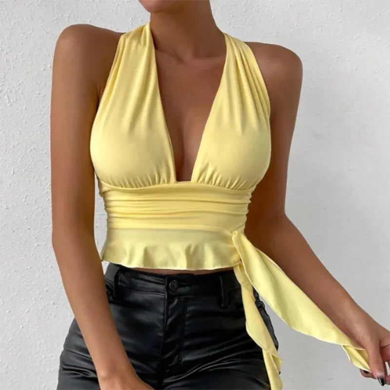 Trendy Deep V-Neck Pleated Bodysuit for Women.