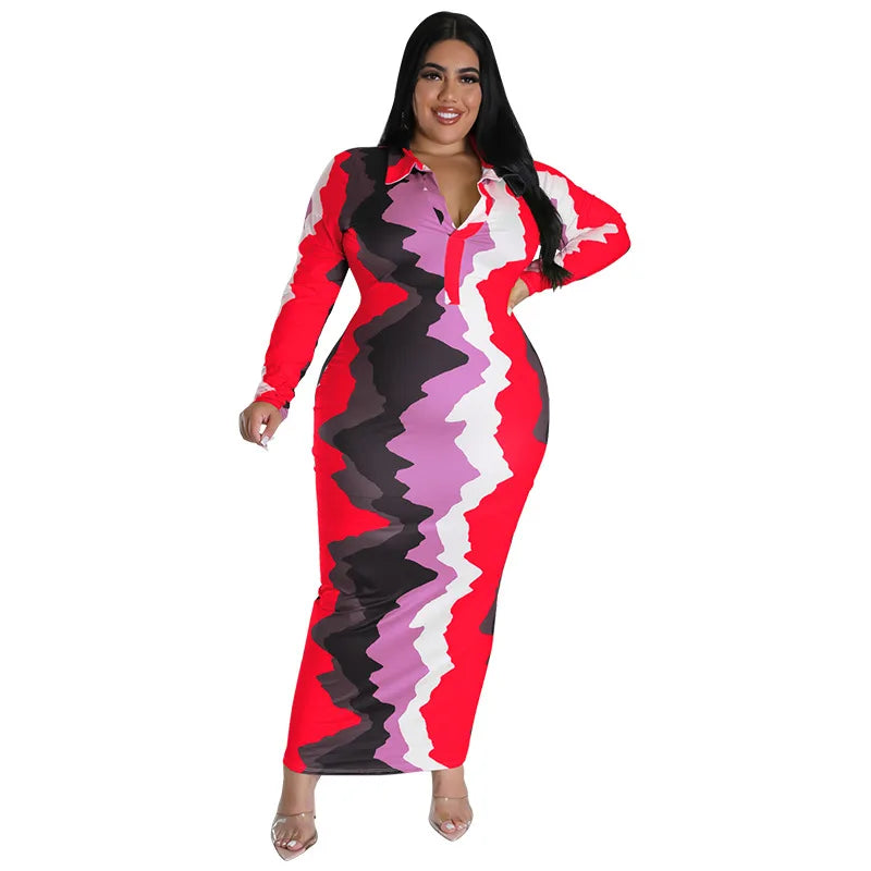 Plus Size Trendy Printed Lapel Maxi Dress.