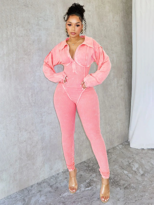 Chic Women's Ribbed Long Sleeve Moto Jumpsuit.