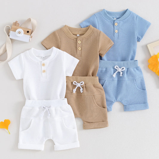 Summer Button Baby Clothes Set - Cotton Waffle Romper & Shorts