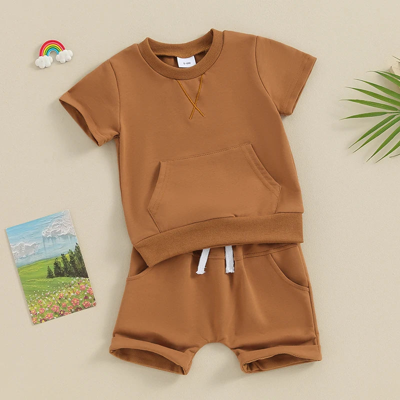 Summer Casual Kids Outfits Baby Boys Clothing Set Solid Color Short Sleeve Pocket T-shirt with Shorts 2PCS Toddler Infant Suit.