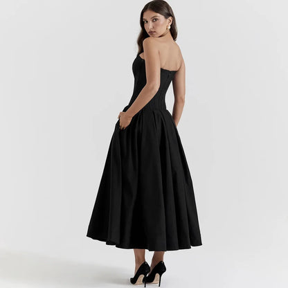 Black Elegant Strapless Midi Dress for Events