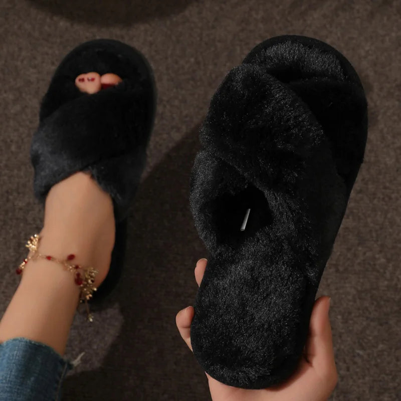 Women’s Fashion Cross Strap Faux Fur Slippers