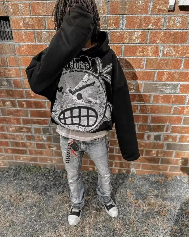 Y2K Angry Cartoon Print Hoodie - Gothic Black Sweatshirt