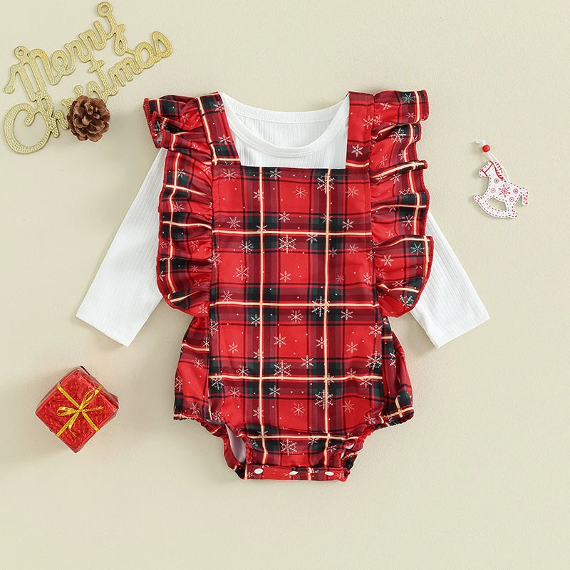 Lovely Newborn Baby Girls Clothes Cute 2Pcs Christmas Outfits For Kids Sleeveless Ruffle Romper Long Sleeve Tops Set For Infant.