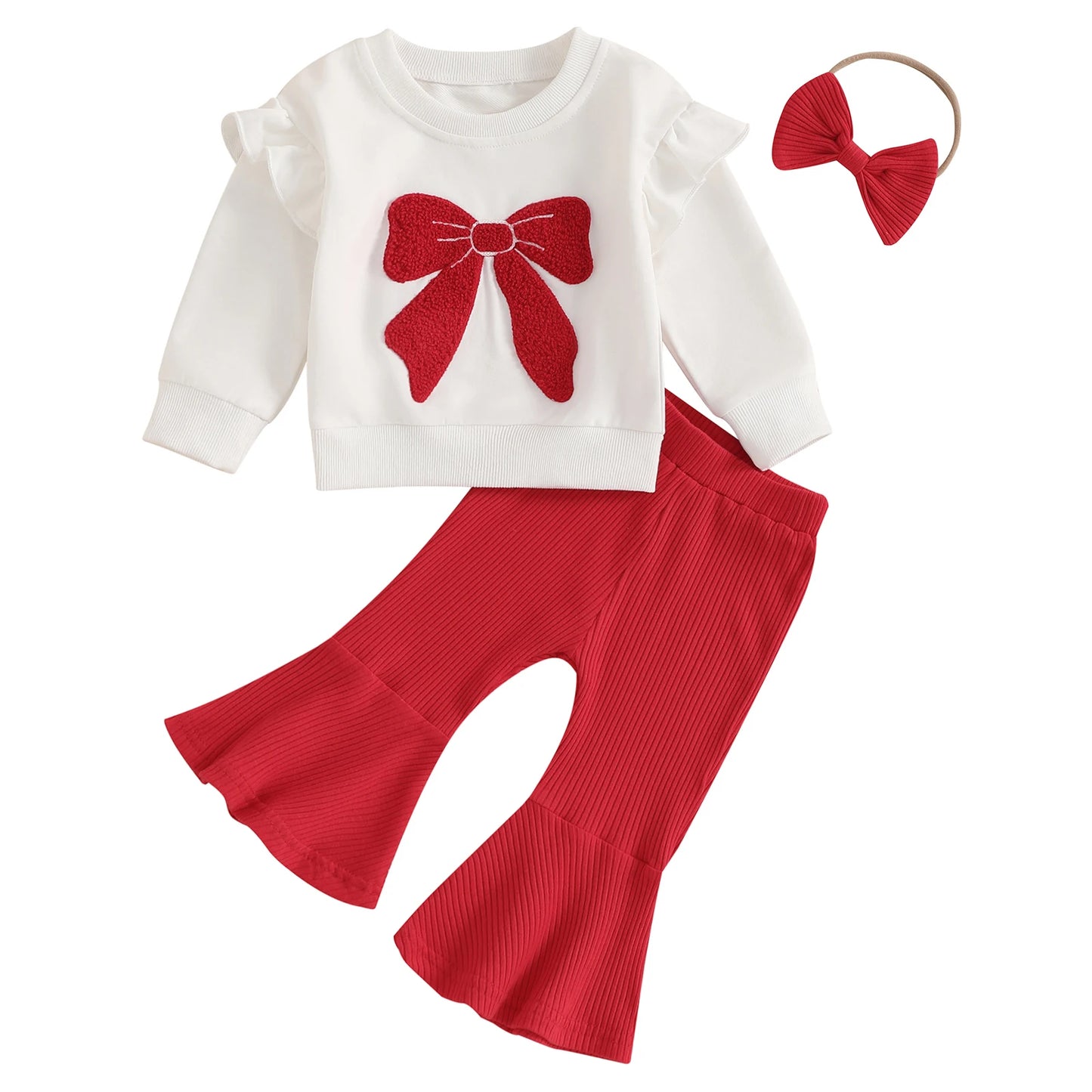 Ruffle Long Sleeve Baby Girls Clothing Set 3PCS Spring Toddler Outfits Bow Embroidery Sweatshirt Flare Pants Headband Kids Suits.