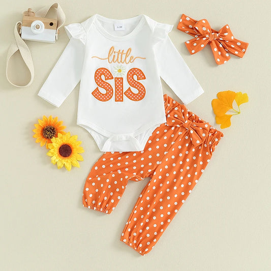 3PCS Baby Girls Outfits Cute Lovely Floral Letter Print Long Sleeves Romper + Dot Print Pants + Headband Toddler Clothes Set.