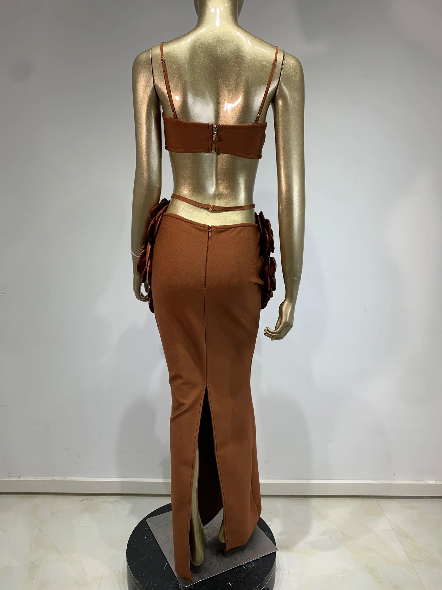 Celebrity Inspired Brown Backless Maxi Skirt Set.