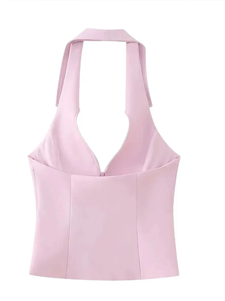 Chic Women's Pink Shorts Set - V Neck Sleeveless Outfit.