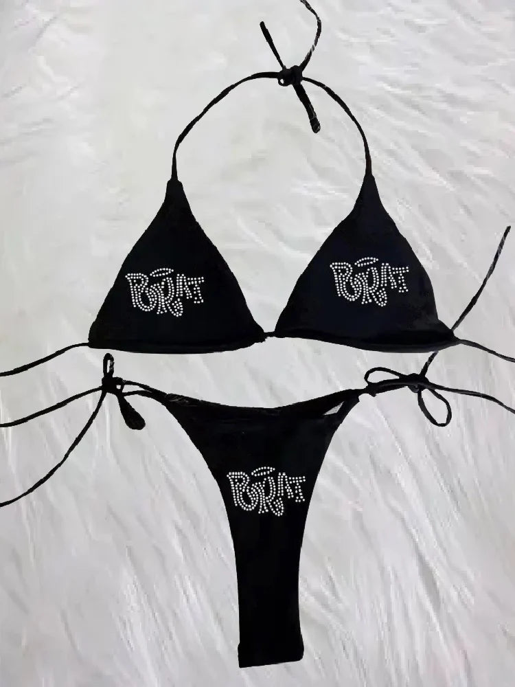 Y2K Punk Grunge Beach Swimsuit Bikini with Rhinestones.