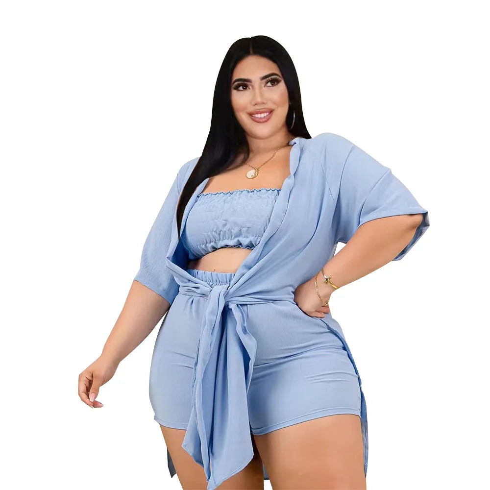 2025 Trendy Plus Size Lace Up Summer Outfit - Chic 3 Piece Set