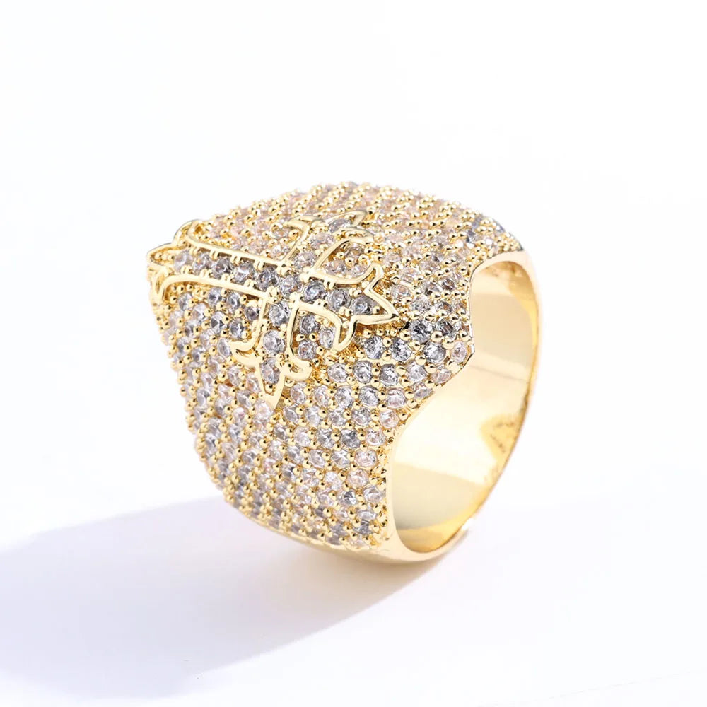 Men's Bling Cross Cuban Ring - Iced Out Diamond Style.