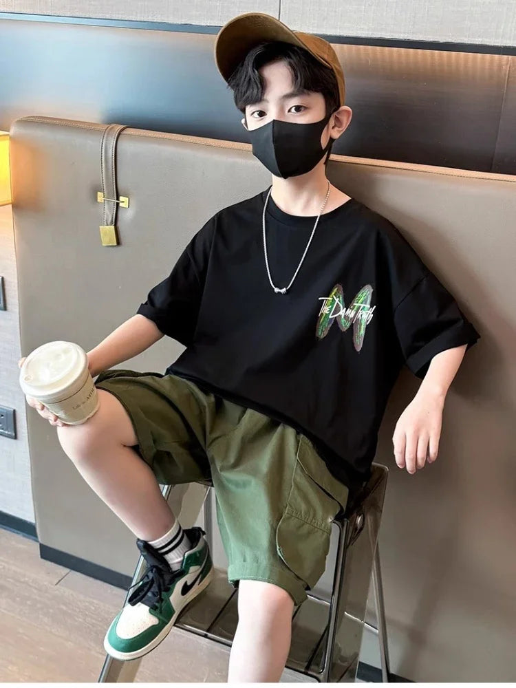 Summer Boys' Casual 2-Piece Outfit with Letter Print