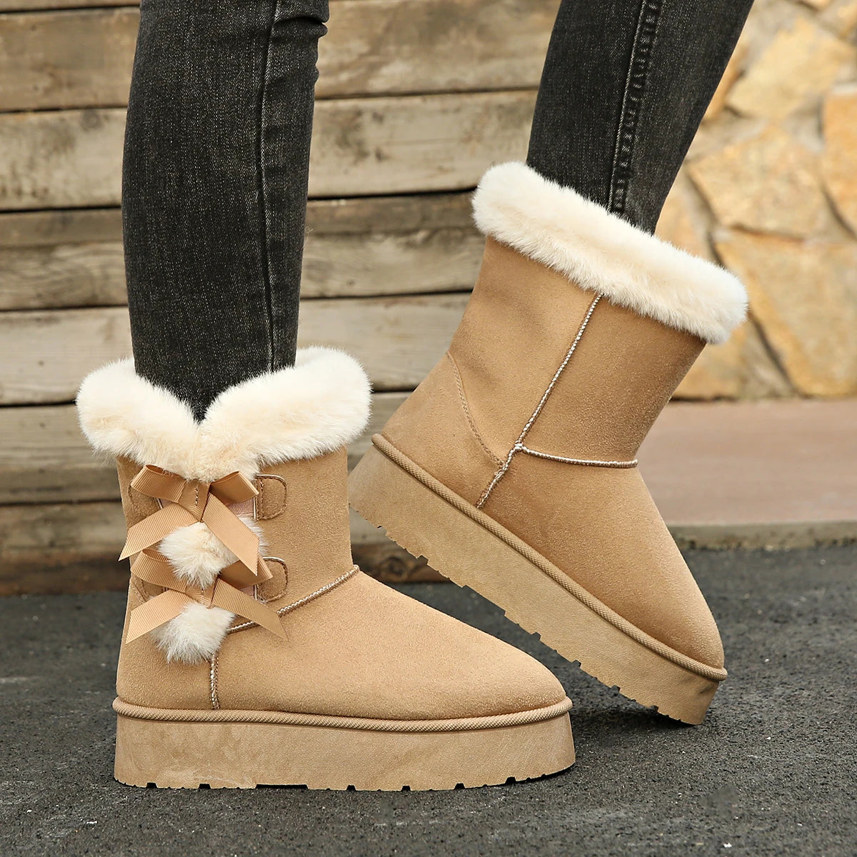 Chic Winter Mid-Calf Bow Knot Boots for Women.