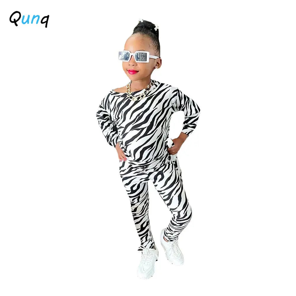 Girls Zebra Print Top & Slim Pants Set - Trendy Casual Outfit