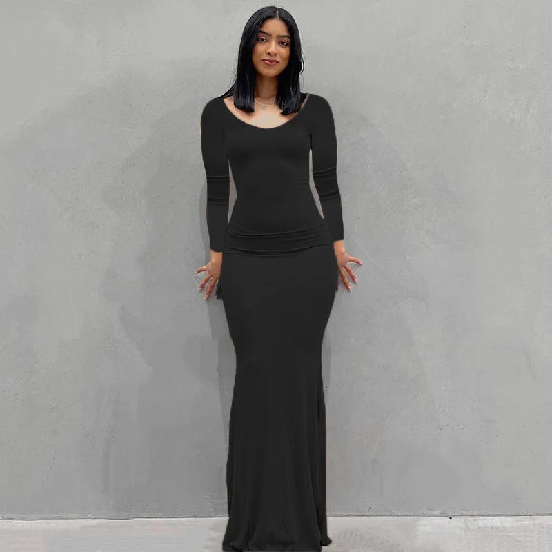 2025 Sexy Spaghetti Strap Black Maxi Dress - Y2K Style