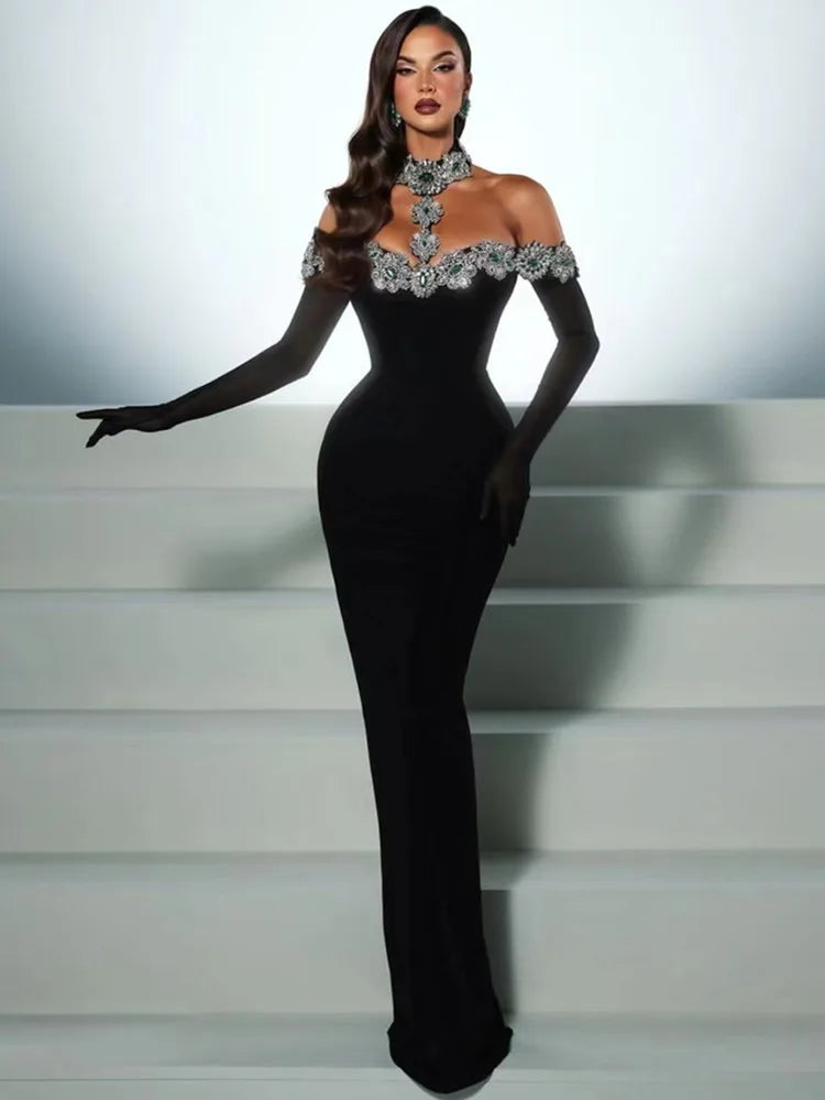 Luxury Black Bandage Dress with Crystal Accents.