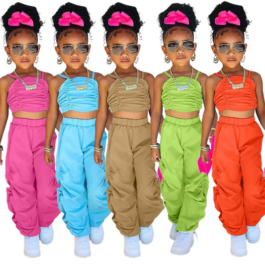 Girls Solid Pleated Sling Crop Top & Sporty Pants Set 3T-8T