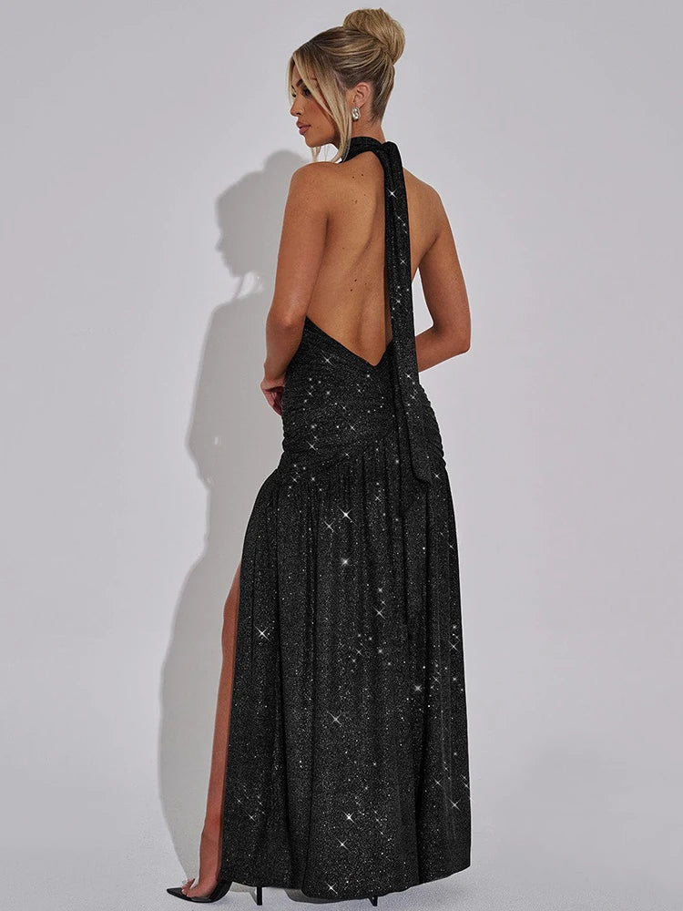 Trendy Glitter Deep V Neck Maxi Dress 2025.