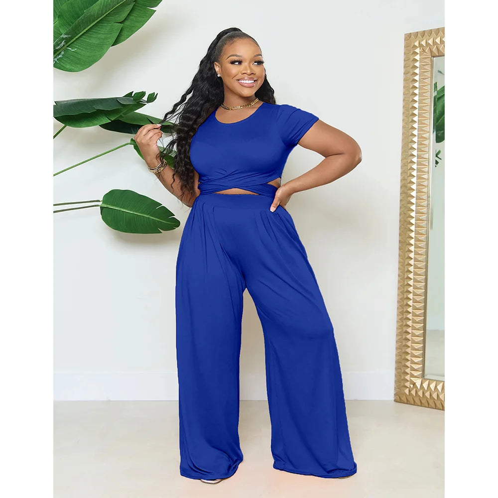 Chic Plus Size Summer Two Piece Set - Short Sleeve & Wide Leg.