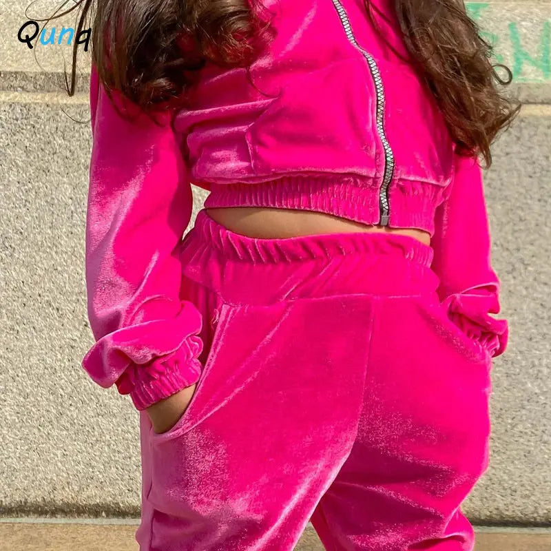 Kids Golden Velvet Zipper Hooded Crop Coat & Pants Set