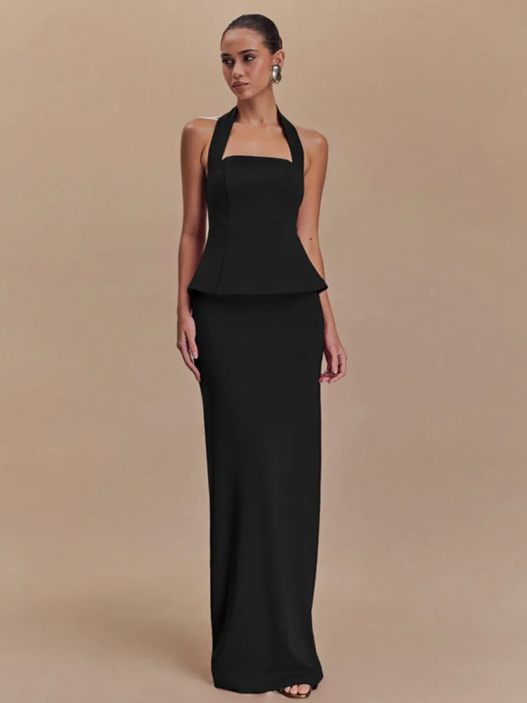 Chic Backless 2 Piece Set - Square Collar & Long Skirt.